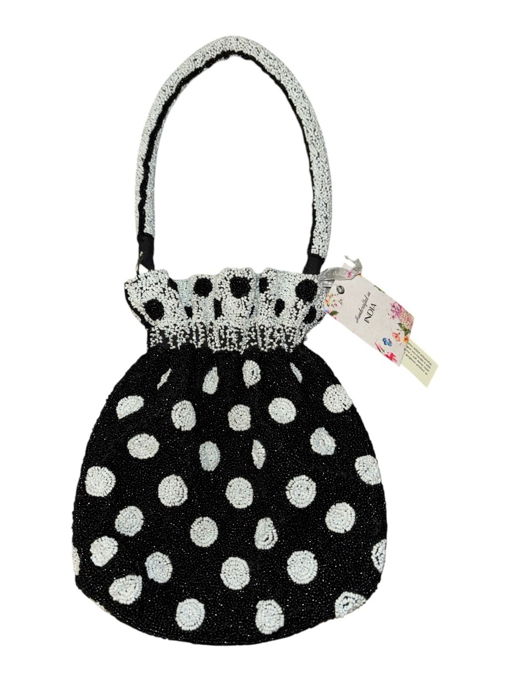 Handcrafted In India Beaded black and white polka dot NWT